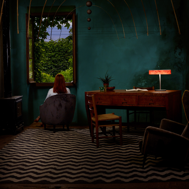 The I-Club Table from LZF lamps with the natural cherry veneer in a home office.