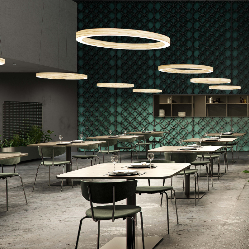 The Oh! Line Suspension from LZF lamps in natural cherry in a commercial space.