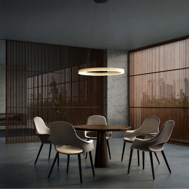 The Oh! Line Suspension from LZF lamps in natural cherry in a dining room.