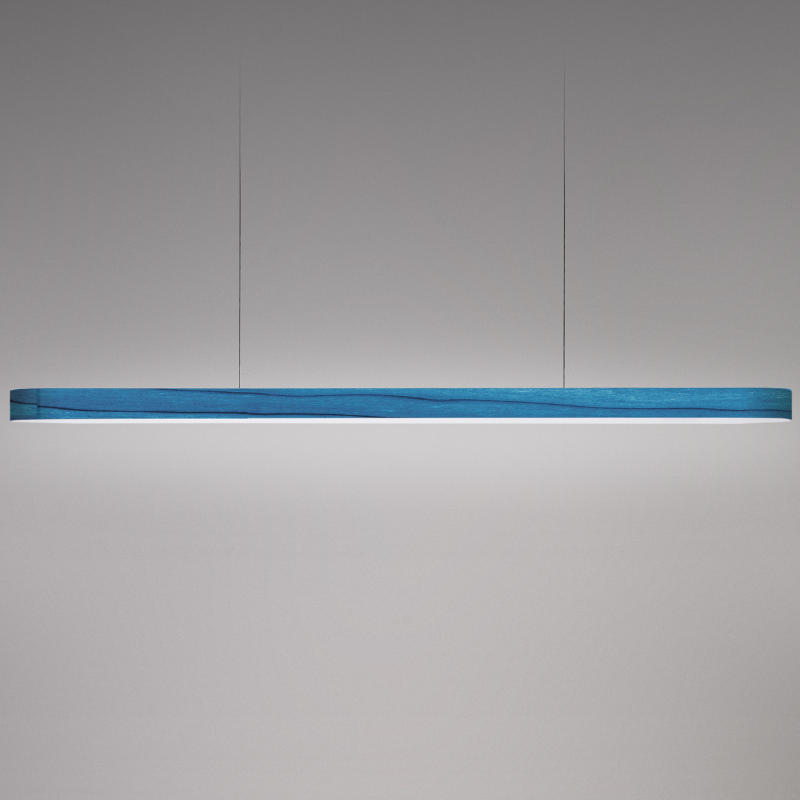 The Short I-Line Suspension from LZF lamps with blue veneer close up.