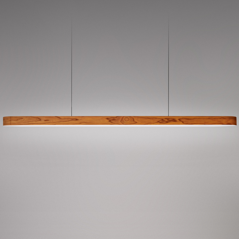 The Short I-Line Suspension from LZF lamps with natural cherry veneer close up.