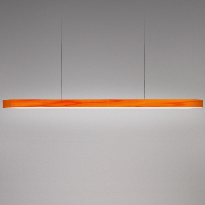 The Short I-Line Suspension from LZF lamps with orange veneer close up.