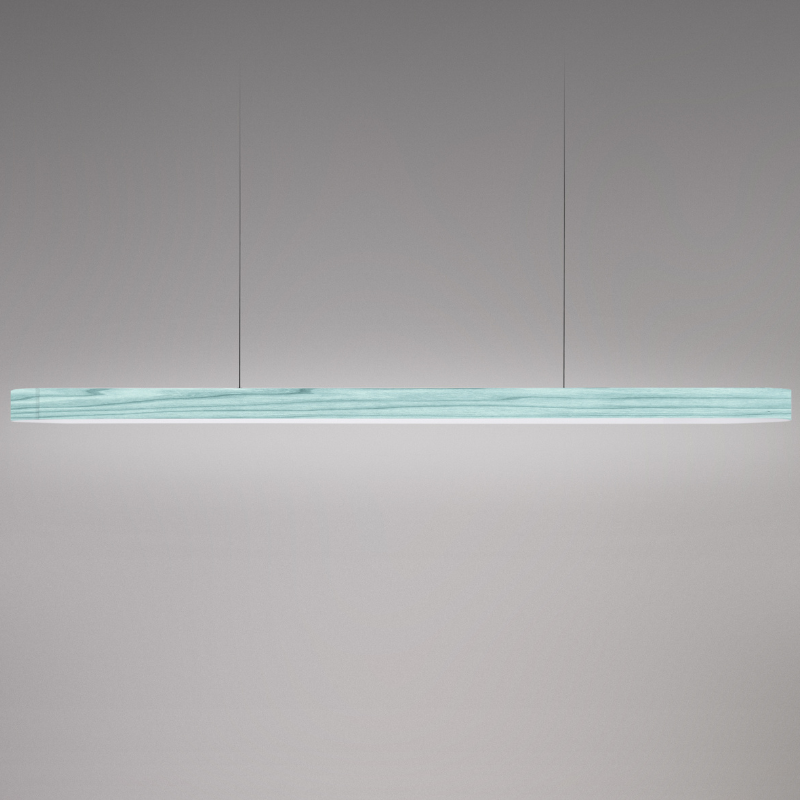 The Short I-Line Suspension from LZF lamps with sea blue veneer close up.