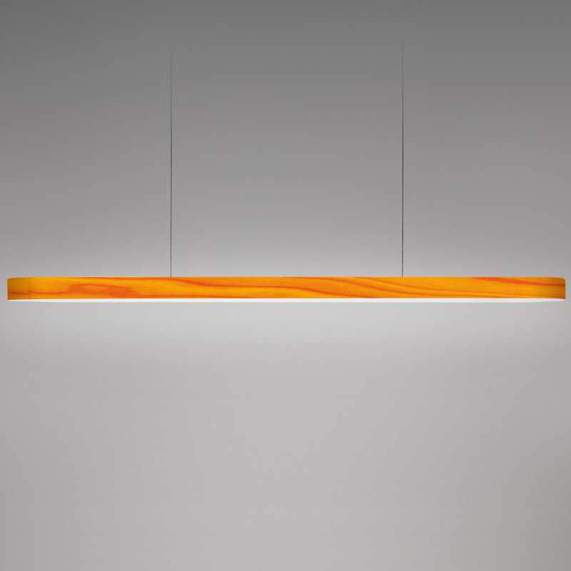 The Short I-Line Suspension from LZF lamps with yellow veneer close up.