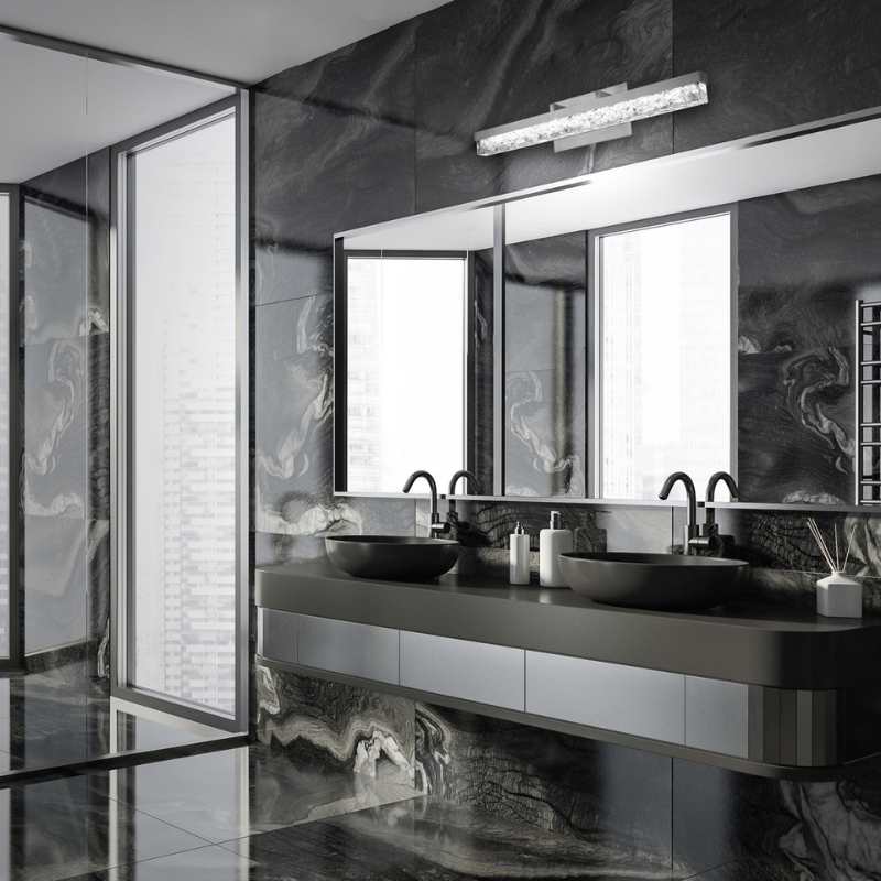 The brushed nickel Minx from Modern Forms in a bathroom.