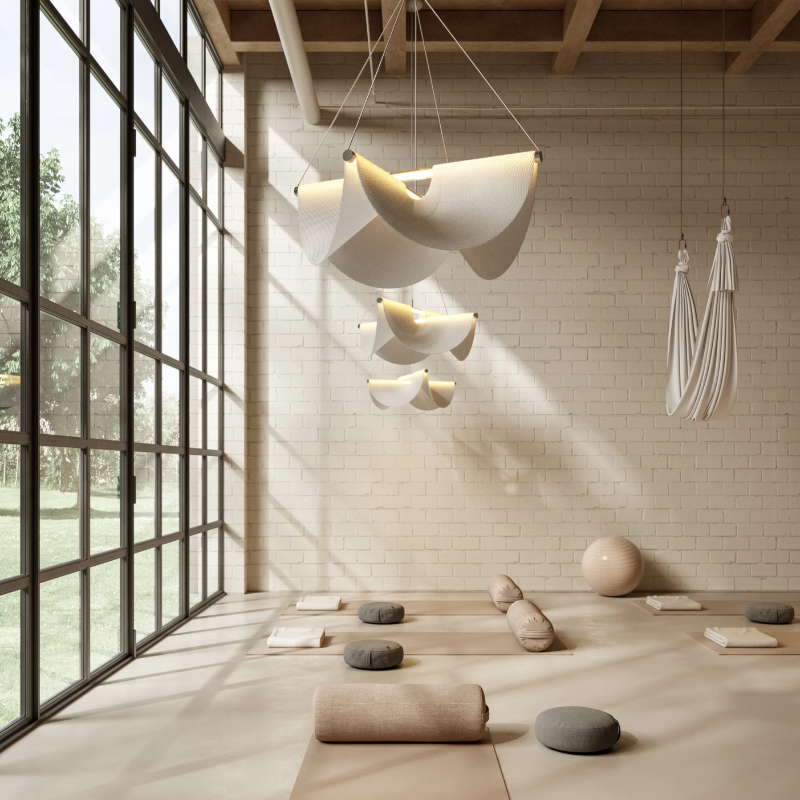 Moooi Drape Light 78 in an AI realized design concept of a mediation or yoga space.