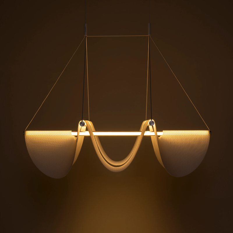 Moooi Drape Light 118 is a modern LED chandelier with a 3D-knitted polyester shade. Shown illuminated.