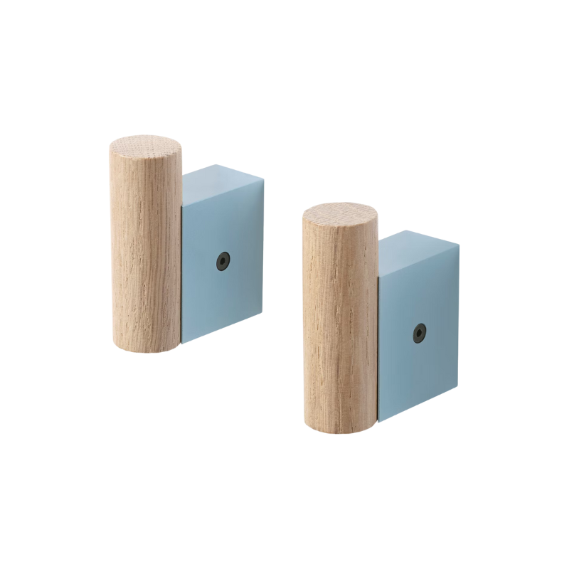 The Muuto Attach Wall Hook in Oak with Pale Blue.