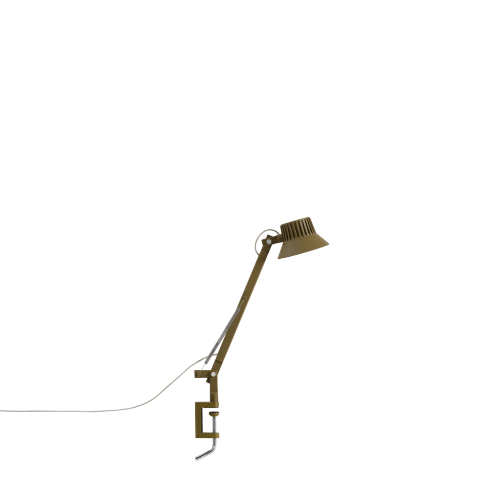 The small brown green Dedicate Table Lamp from Muuto with the clamp base.