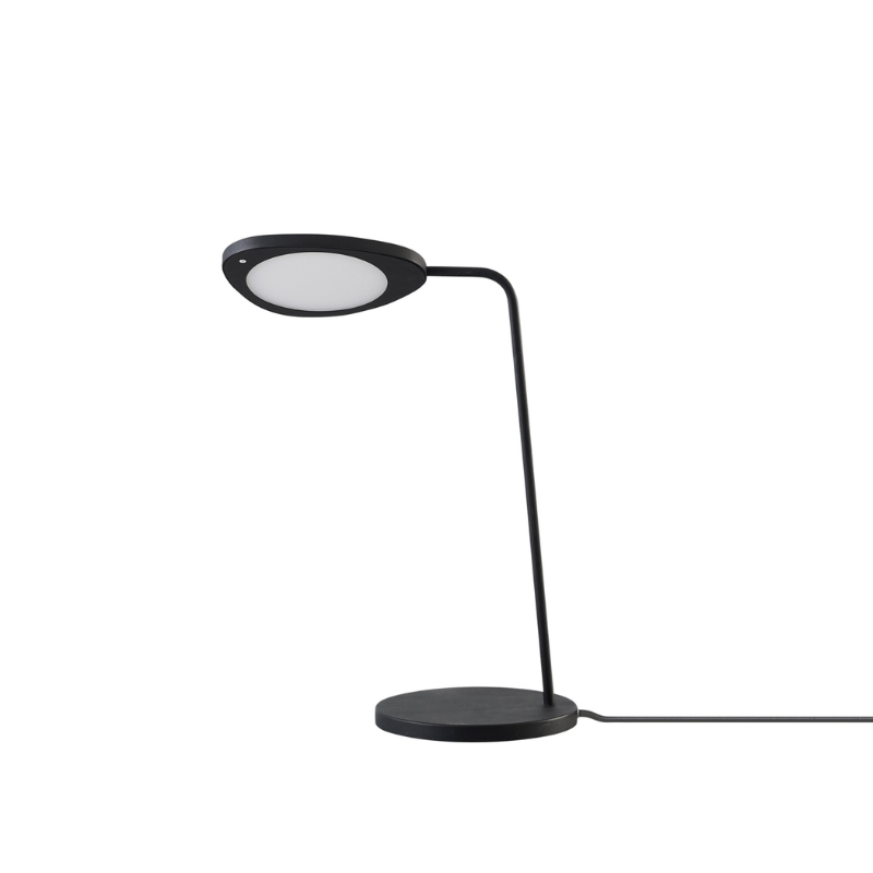 The Leaf Table Lamp from Muuto in black with the LED tilted.