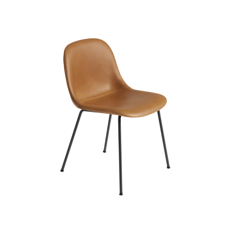 The Leather Fiber Chair from Muuto with cognac refined leather and an anthracite black metal base.