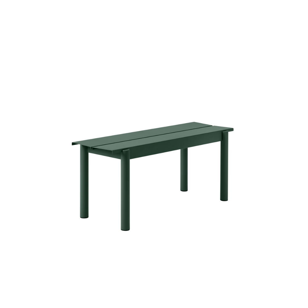 The small dark green Linear Steel Bench from Muuto.