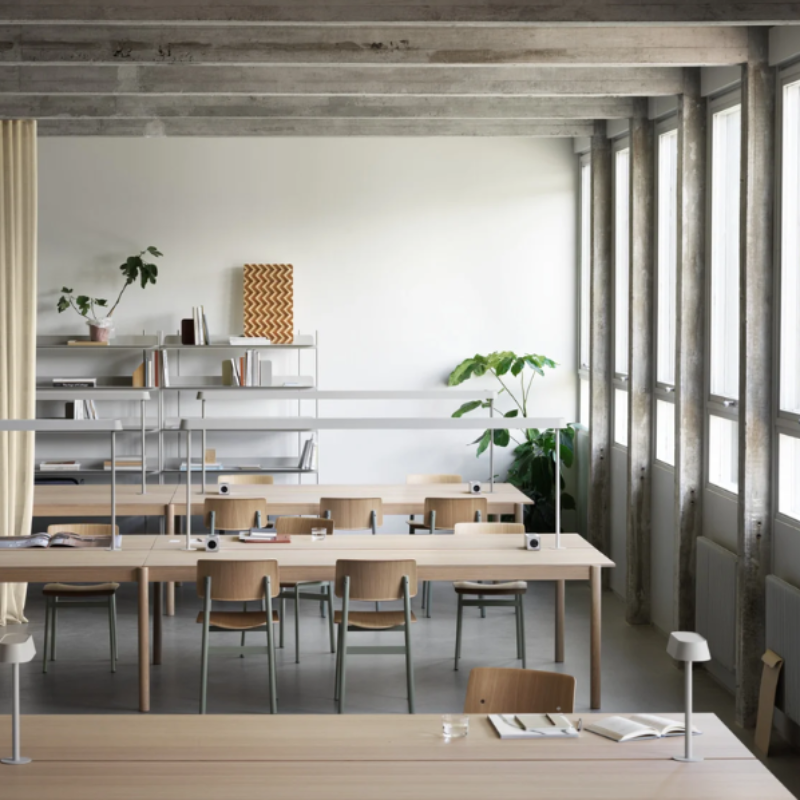 The Loft Chair from Muuto in oak and dusty green in a business space.