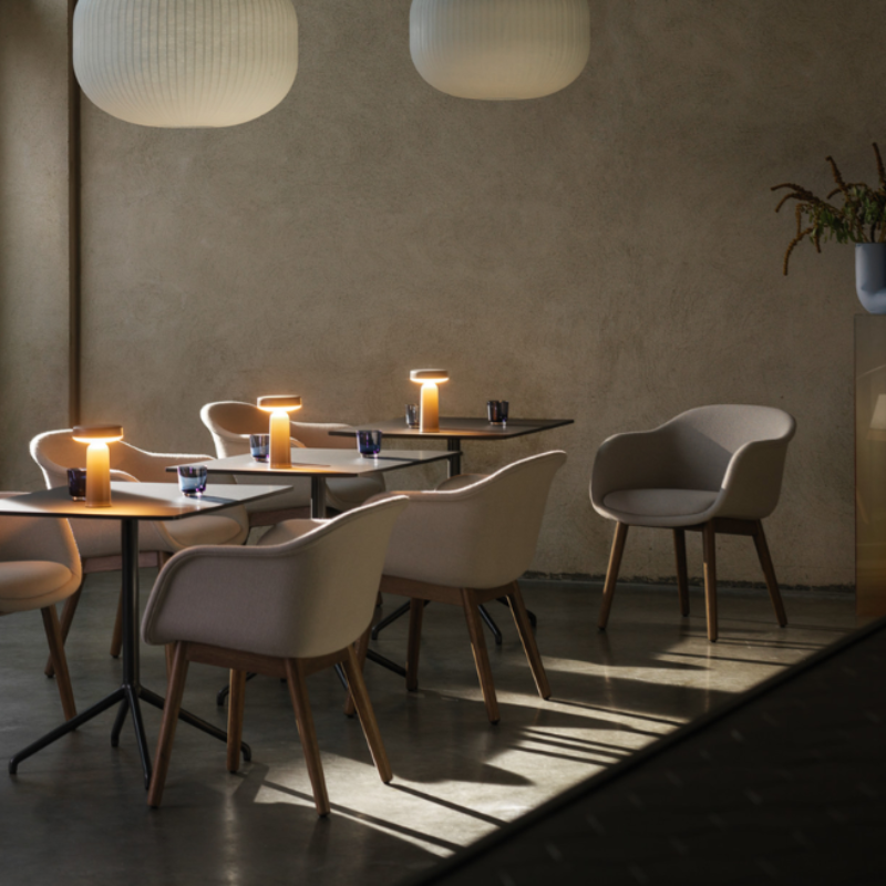 The closed Strand Pendant Lamp from Muuto, 23.5 inch size in a cafe.