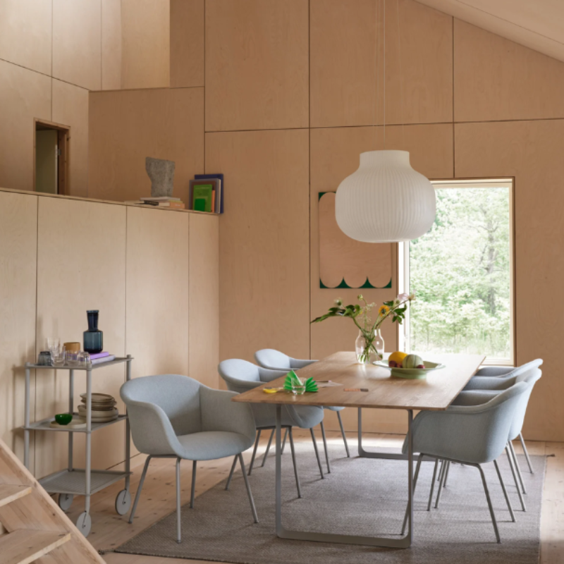 The closed Strand Pendant Lamp from Muuto, 31.5 inch size in a dining space.