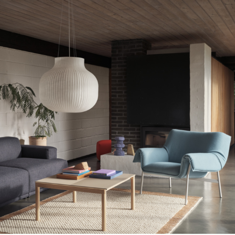 The closed Strand Pendant Lamp from Muuto, 31.5 inch size in a lounge.