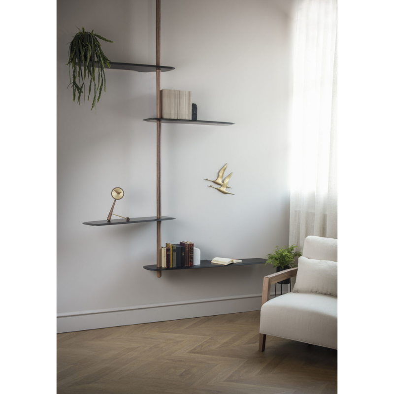 The black ash Unica Shelving Ceiling from Nomon in a family space.