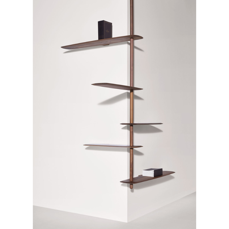 The walnut Unica Shelving Ceiling from Nomon in a commercial setting.