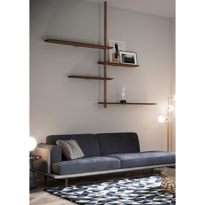 The walnut Unica Shelving Ceiling from Nomon in a lounge.