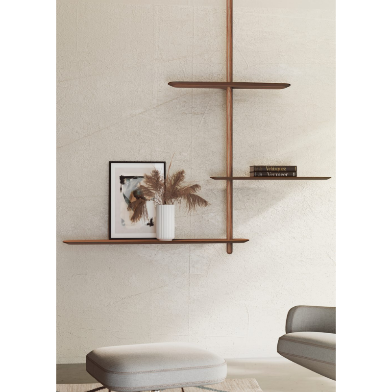 The walnut Unica Shelving Ceiling from Nomon in a residential setting.