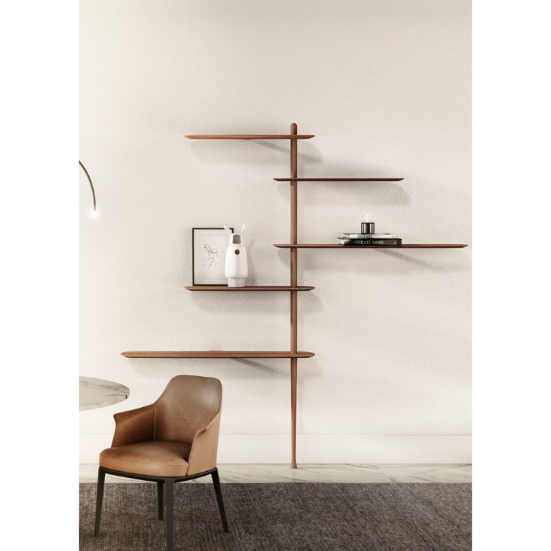 The walnut Unica Shelving Floor from Nomon in a dining room.