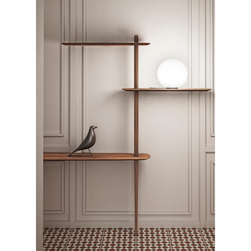 The walnut Unica Shelving Floor from Nomon in an entryway.