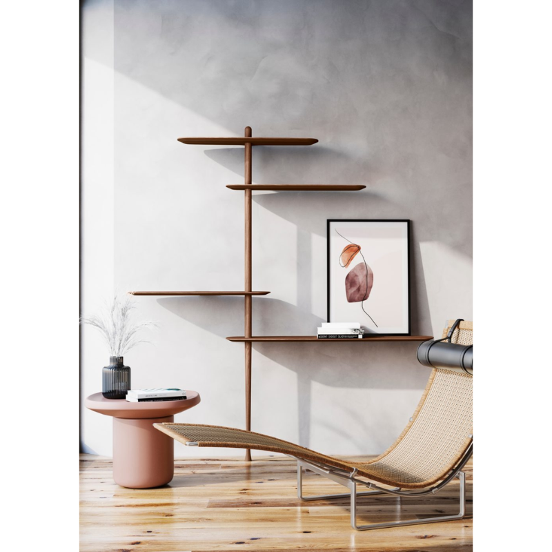The walnut Unica Shelving Floor from Nomon in a lounge.