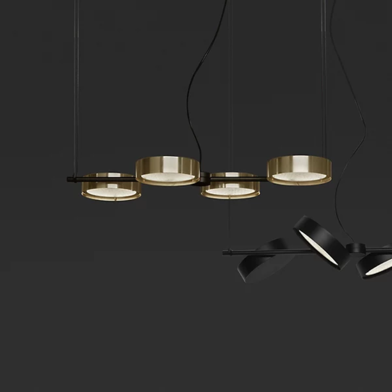The Berlin Linear Suspension from Oluce color options, showing matte black and matte black with anodized brass.