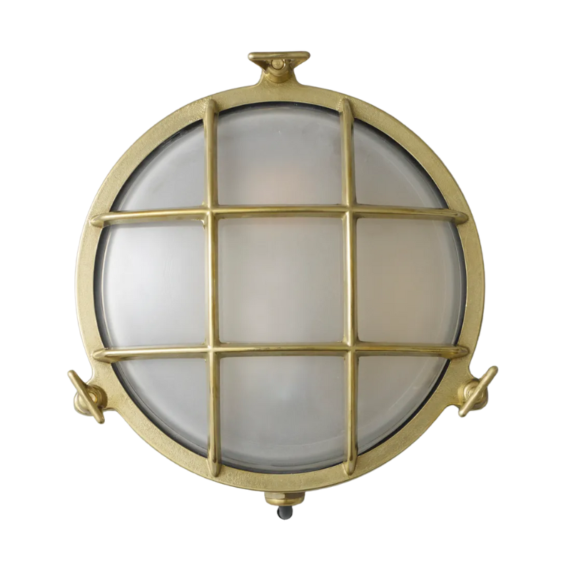 The medium Brass Bulkhead Outdoor Wall Sconce from Original BTC in polished brass.
