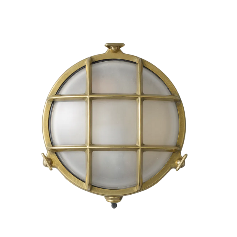 The small Brass Bulkhead Outdoor Wall Sconce from Original BTC in polished brass.