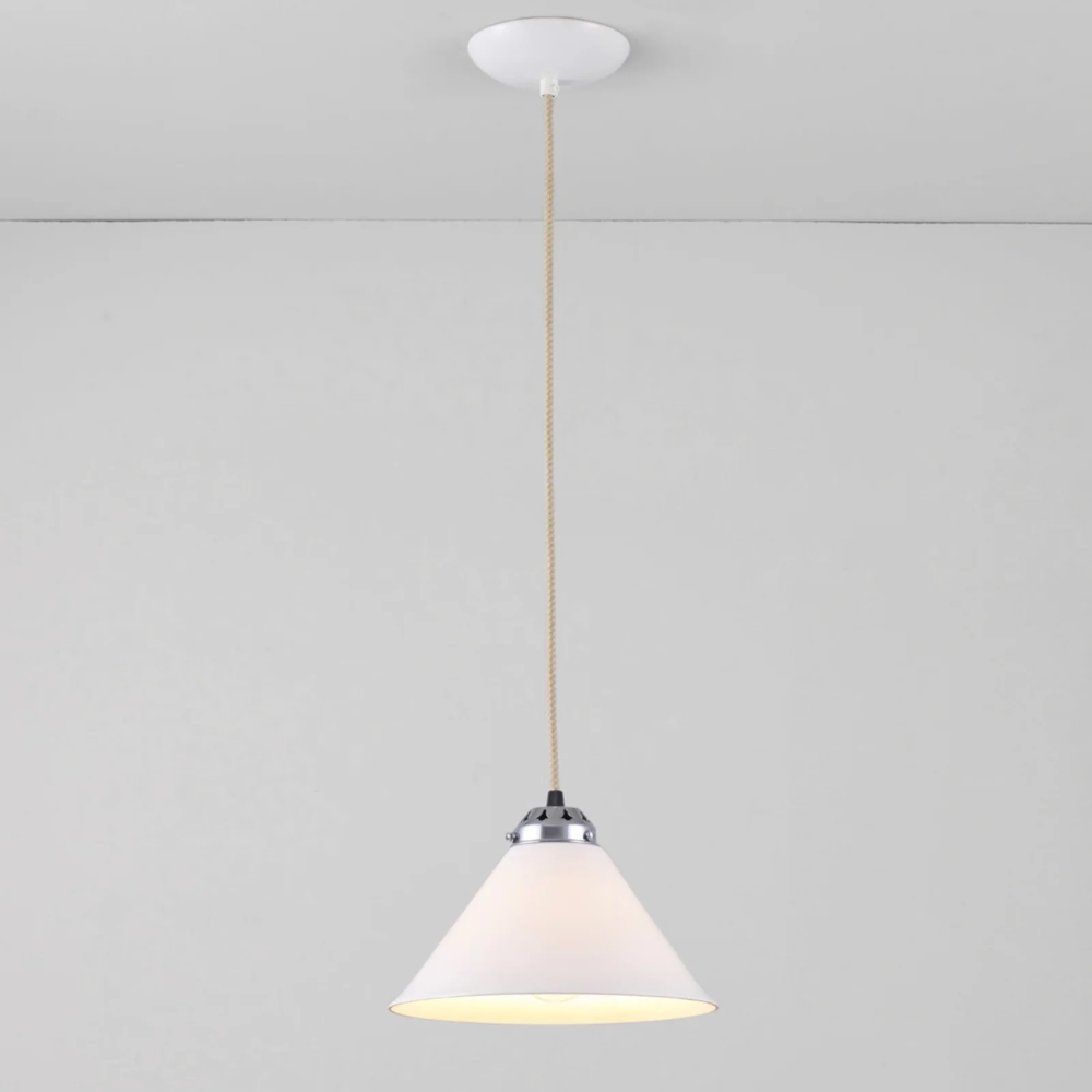 The small chrome Cobb Pendant from Original BTC turned on.