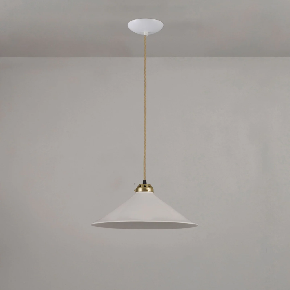 The large satin brass Cobb Pendant from Original BTC turned off.