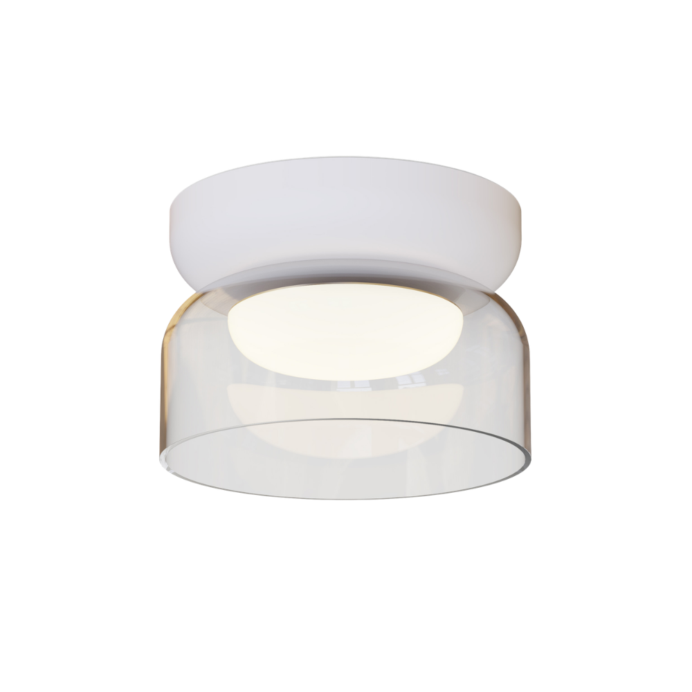 The Totem Mini Flush Mount by Pablo Designs with a clear shade and white base mount.