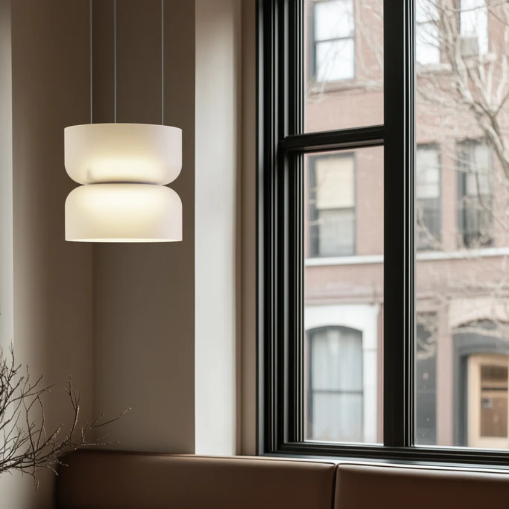 The Totem Up/Down Mini Pendant from Pablo Designs in a living room. all-groups
