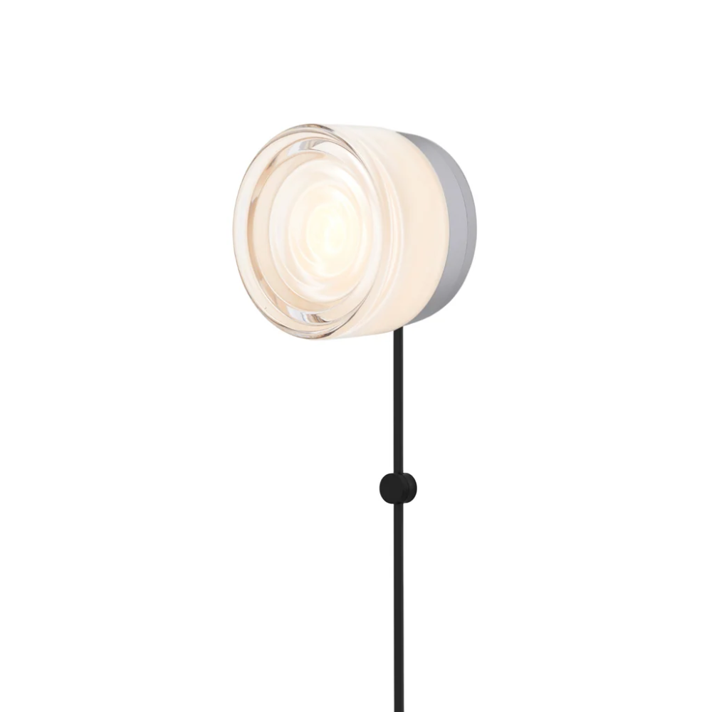 The Ripple Corded Sconce with plug-in bottom in white interior shade with natural anodized.