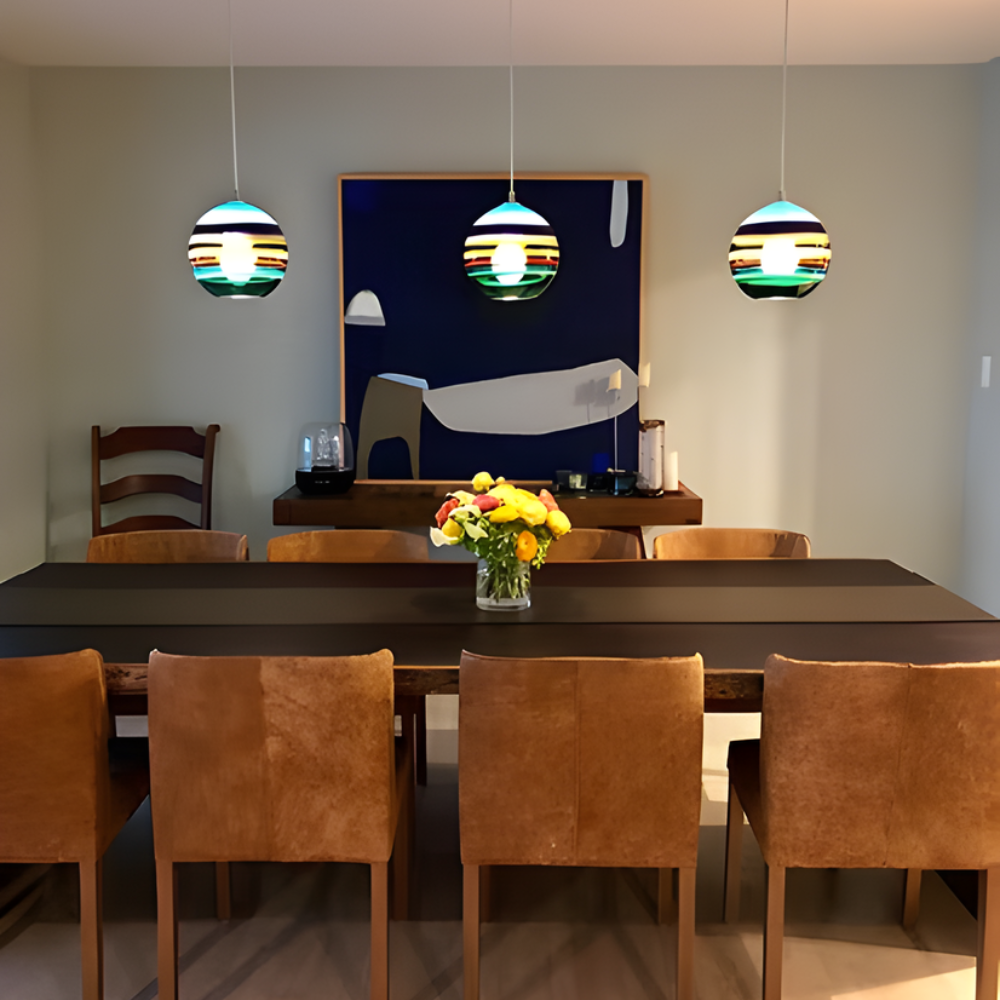 The Banded Aqua Mini Pendant from Siemon and Salazar in a lounge.