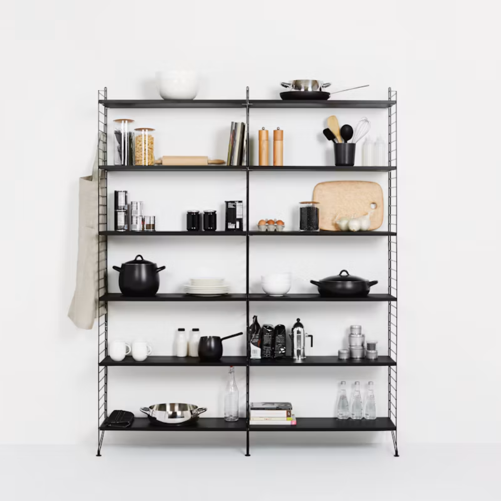 The Floor Shelving Two Bay (Living Room Bundle A) from String Furniture in black in a kitchen setting. all-groups