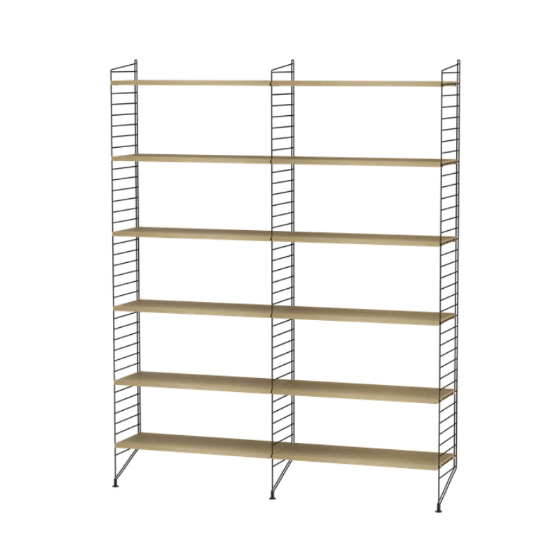 The Floor Shelving Two Bay (Living Room Bundle A) from String Furniture in oak and black.
