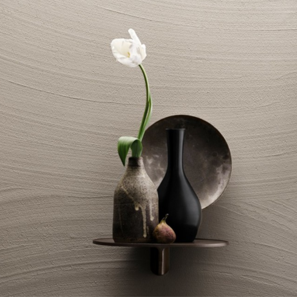 The Museum NM&.045 Console Shelf from String Furniture in Brown installed with flowers on it.