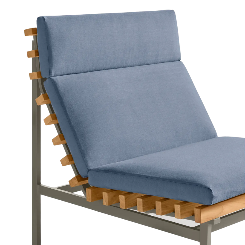 The Perch Outdoor Lounge Chair from Blu Dot with carbon frame and sunbrella haze upholstery close up.
