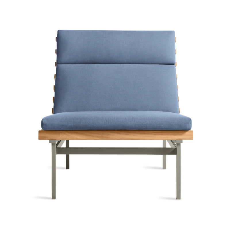 The Perch Outdoor Lounge Chair from Blu Dot with carbon frame and sunbrella haze upholstery.