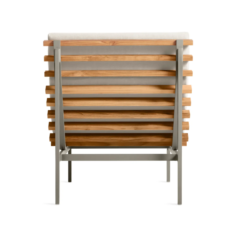 The Perch Outdoor Lounge Chair from Blu Dot with carbon frame and sunbrella linen upholstery from the back.