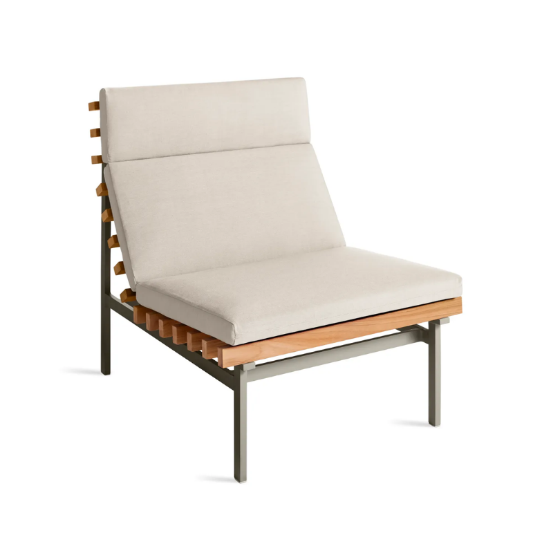 The Perch Outdoor Lounge Chair from Blu Dot with carbon frame and sunbrella linen upholstery from a high angle.