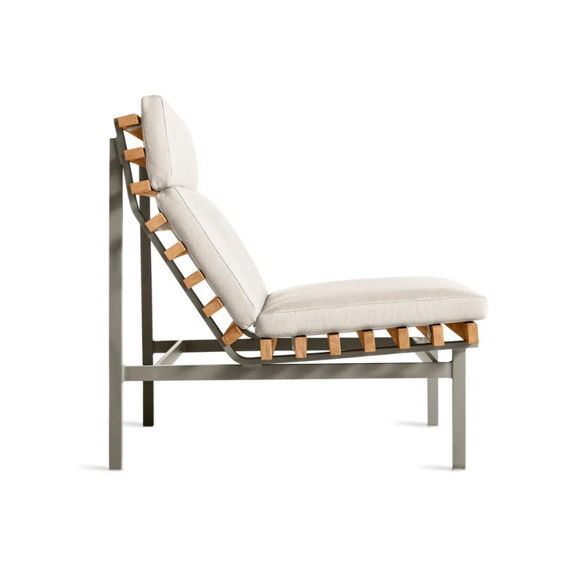 The Perch Outdoor Lounge Chair from Blu Dot with carbon frame and sunbrella linen upholstery from the side.