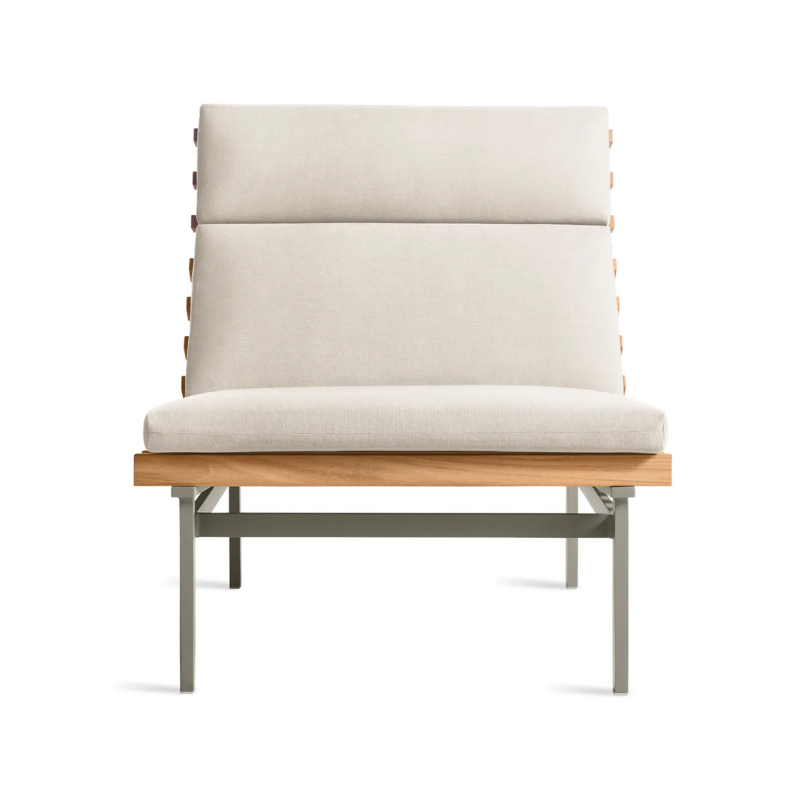 The Perch Outdoor Lounge Chair from Blu Dot with carbon frame and sunbrella linen upholstery.