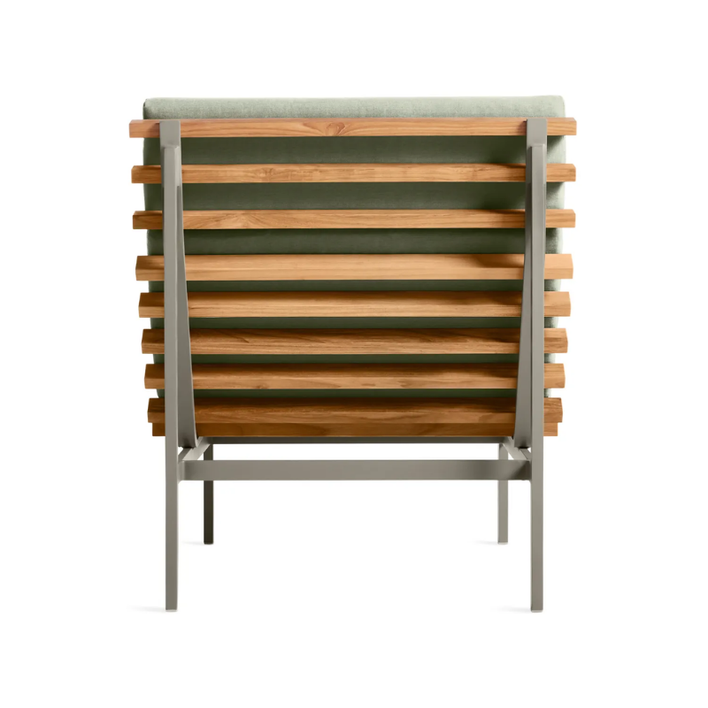 The Perch Outdoor Lounge Chair from Blu Dot with carbon frame and sunbrella oasis upholstery from the back.