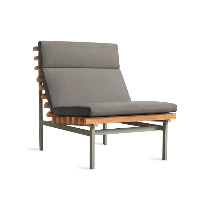 The Perch Outdoor Lounge Chair from Blu Dot with carbon frame and toohey charcoal upholstery from an angle.