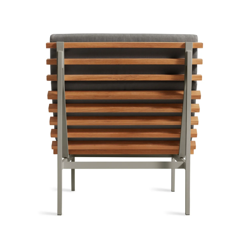 The Perch Outdoor Lounge Chair from Blu Dot with carbon frame and toohey charcoal upholstery from the back.