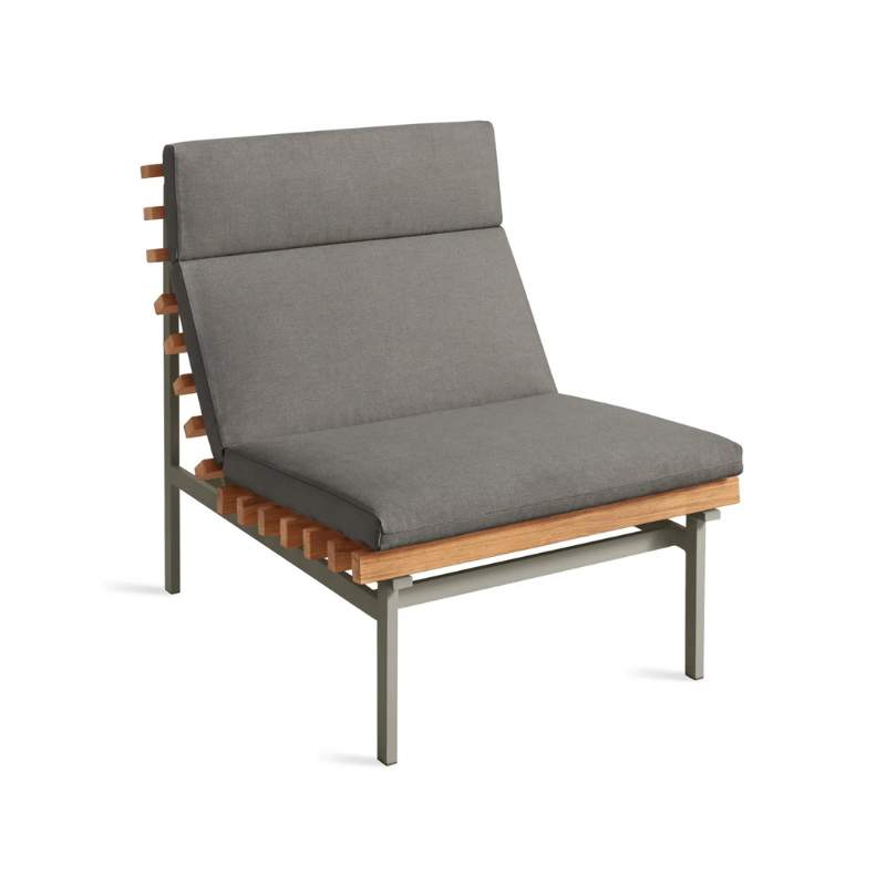 The Perch Outdoor Lounge Chair from Blu Dot with carbon frame and toohey charcoal upholstery from a high angle.