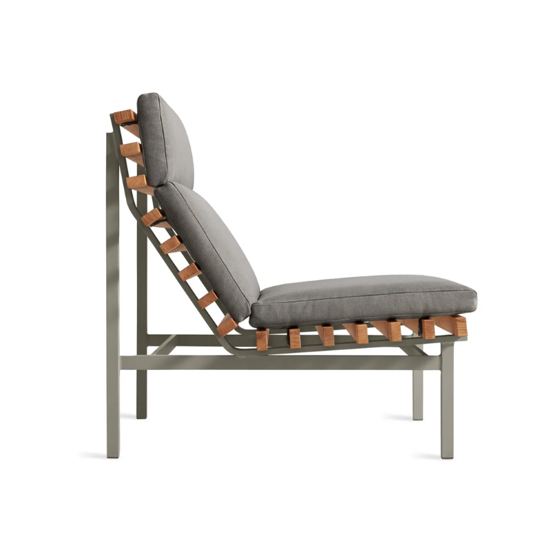 The Perch Outdoor Lounge Chair from Blu Dot with carbon frame and toohey charcoal upholstery from the side.